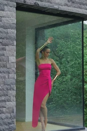 X Zeynep Tosun Fuchsia Knitted Corset Detailed Long Evening Dress & Graduation Dress