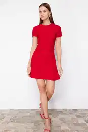 Red Skirt Waist Opening Bow Detail Mini Woven Dress