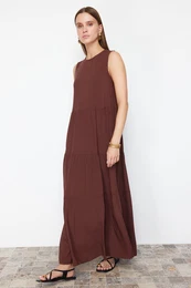 Brown Shift/Straight Cut Maxi Sleeveless Woven Dress