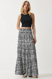 Happiness stanbul Women's White Black Floral Patterned Flounce Viscose Skirt