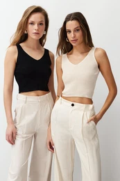 Black-Ecru Knitwear Thin Blouse