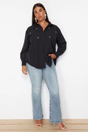 Curve Black Large Size Stone Embroidered Poplin Woven Shirt