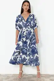 Blue Floral A-Line Double-Breasted Midi Woven Dress