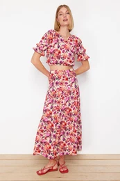 Multicolored Floral Patterned Viscose Fabric Maxi Length Woven Skirt