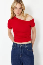 Red Gathered Asymmetrical Collar Stretchy Knitted Blouse