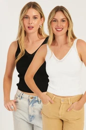 Women's Black-White Double V-Neck Knitwear Blouse