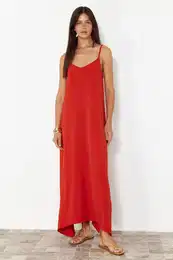 Tile Straight Cut V-Neck Maxi Woven Dress
