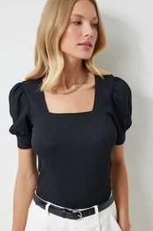 Happiness stanbul Women's Black Square Neck Balloon Sleeve Knitted Blouse