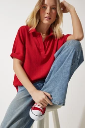 Happiness stanbul Women's Red Polo Neck Knitted Crinkle Blouse