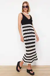 Black Striped Unlined Openwork/Perforated Knitwear Dress