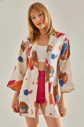 Women's Beige-Blue Multi Patterned Kimono Kimono