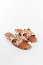 Straw Genuine Leather H Banded Flat Heeled Women's Slippers