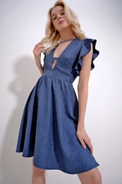 Trend Alaat Stili Women's Indigo V-Neck Flounce Sleeves Back Zippered Aerobin Linen Woven Dress