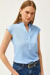 Women's Baby Blue V-Neck 4-Button Viscose Blouse