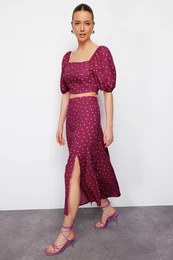 Plum Slit Midi Viscose Woven Polka Dot Blouse-Skirt Set