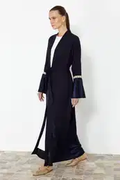 Navy Blue Embroidered Sleeve Woven Cap & Abaya