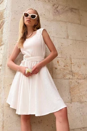 Trend Alaat Stili Women's Ecru Thick Strap Skirt Flounce Tied Belt Dress