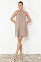 Brown Wide Cut Linen Look Sleeveless Mini Woven Dress