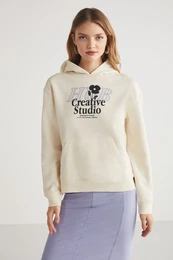 Leticia Women's Front Printed Hooded 100% Cotton Ecru Sweatshir