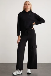 Lyra Women's 100% Cotton Cargo Pocket Black Sweatpants