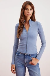 Effie Women's High Collar Body-hugging Washing Effect Long Sleeve Zippered Blue Blouse