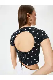 Low-cut Back Polka Dot T-Shirt Crop Bow Detail