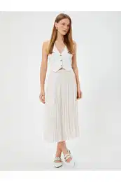 Midi Tulle Sheer Pleated Skirt Lined High Waist