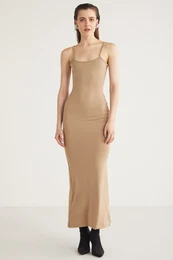 Chasity Women's Semi-Shiny Fabric Rope Straps Flexible Fitted Maxi Beige Dres