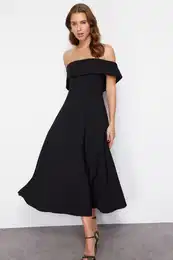 Black Collar Detailed A-Line Woven Elegant Evening Dress