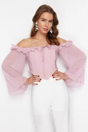 Dusty Rose Corset Detailed Woven Chiffon Bustier