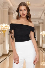 Black Carmen Neck Knitted Tulle Bodysuit