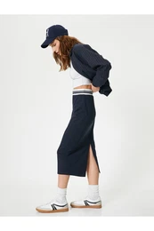 Midi Pencil Skirt with Elastic Waist Color Contrast Slit Slim Fit