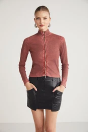 Effie Women's High Collar Body-hugging Washing Effect Long Sleeve Zippered Brick Color Blouse