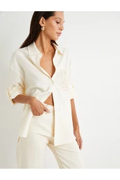 Linen Blend Shirt Oversize Crochet Pocket Long Fold Sleeves