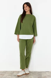 Khaki Relaxed Pattern Woven Garni Detailed Knitted Blouse Trousers Bottom-Top Set