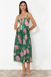 Green-Multi-Colored A-Line Lined Corset Detailed Woven Tulle Elegant Evening Dress