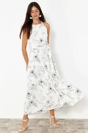 Ecru Animal Shift Barbell Neck Maxi Lined Woven Dress