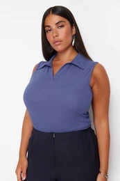 Curve Blue Fitted/Fits the Body Polo Collar Flexible Knitted Plus Size Blouse