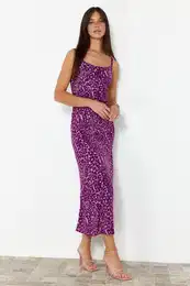 Purple Animal Patterned Body-hugging Cowl Neck Viscose Midi Strappy Woven Midi Dress