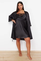 Curve Black Lace Detailed Belted Satin Woven Dressing Gown