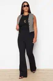 Curve Black Slimming High Waist Flare/Flare Leg Knitted Plus Size Trousers