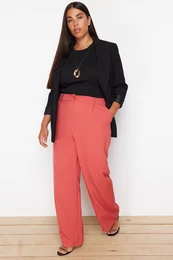 Curve Dusty Rose High Waist Wide Leg Wide Leg Pleated Woven Fabric Trousers