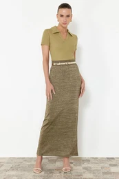 Khaki Maxi Glitter Skirt