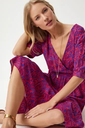 Happiness stanbul Women's Dark Pink Wrap Collar Floral Summer Viscose Dress