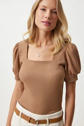 Happiness stanbul Women's Camel Square Collar Balloon Sleeve Knitted Blouse