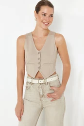 Mink Button Detailed V-Neck Crop Regular/Normal Cut Flexible Knitted Vest