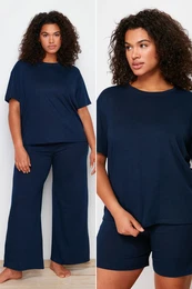 Curve Navy Blue Crew Neck 3-Piece Knitted Pajamas Set