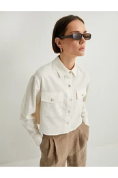 Crop Shirt Linen Blend Long Sleeve Pocket Buttoned