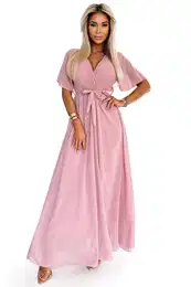 Long dress with a pleated neckline and ties
