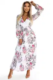 Pleated midi dress with a neckline, long sleeves and belt